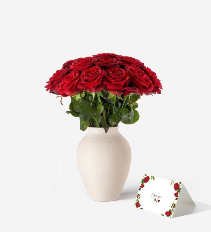 Roses and Luxury Vase Set - Red Naomi Roses & Small Mayfair Vase in Blanc, plus an 'I Love You' card