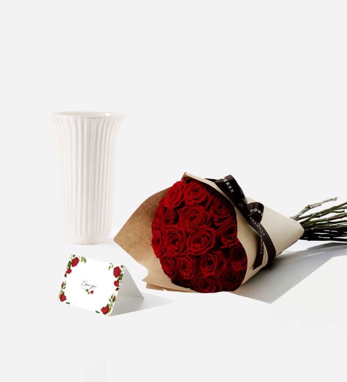 The Glazed Vase and Roses Set - 20 Stems of Red Naomi RoseS and Glazed White Fluted Vase, with an 'I Love You' card